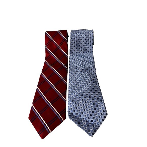 Tommy Hilfiger Mens Set Lot of 2 Ties Red Blue Geo Stripe Print Preppy Nautical - Picture 1 of 6